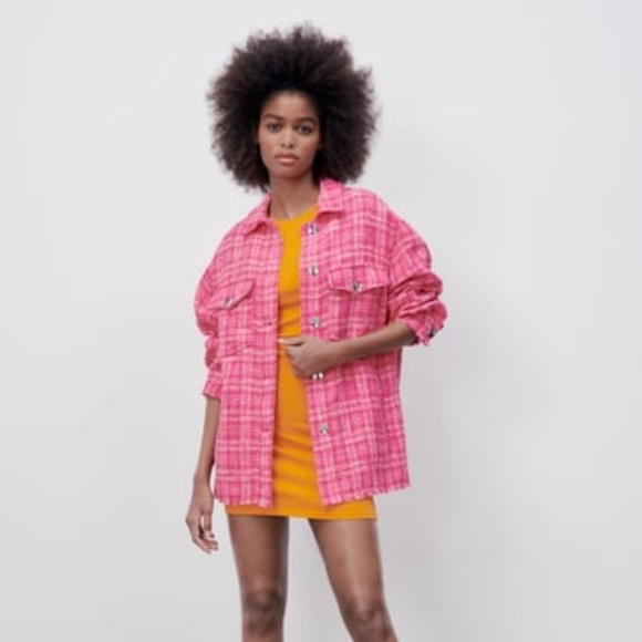 NWT ZARA WOVEN PLAID OVER SIZE SHIRT PINK / WHITE M - Picture 2 of 8